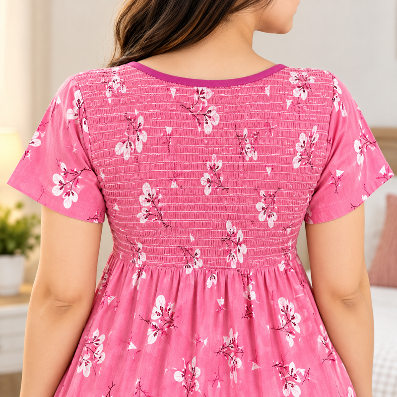 Pink Floral Printed Stretchable Women’s Nighty with One Side Pocket