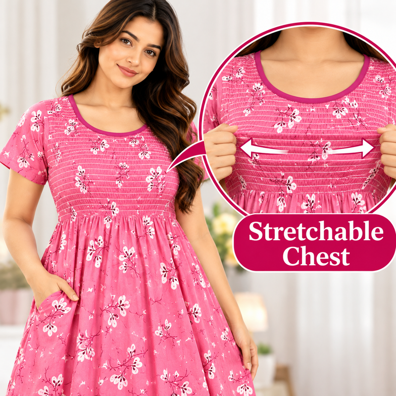 Pink Floral Printed Stretchable Women’s Nighty with One Side Pocket