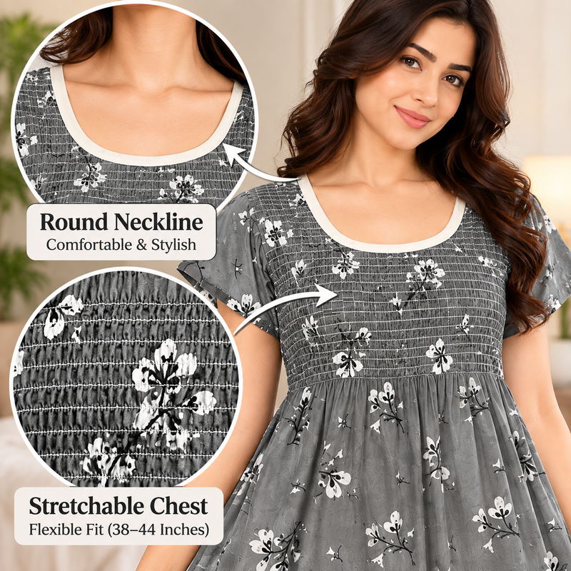 Grey Floral Printed Smocked Maxi Nighty for Women