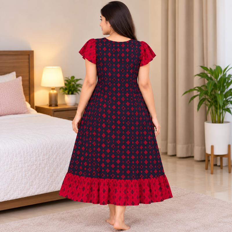 Luxmi Red & Navy Floral Printed Frock Nighty with Adjustable Back Rope