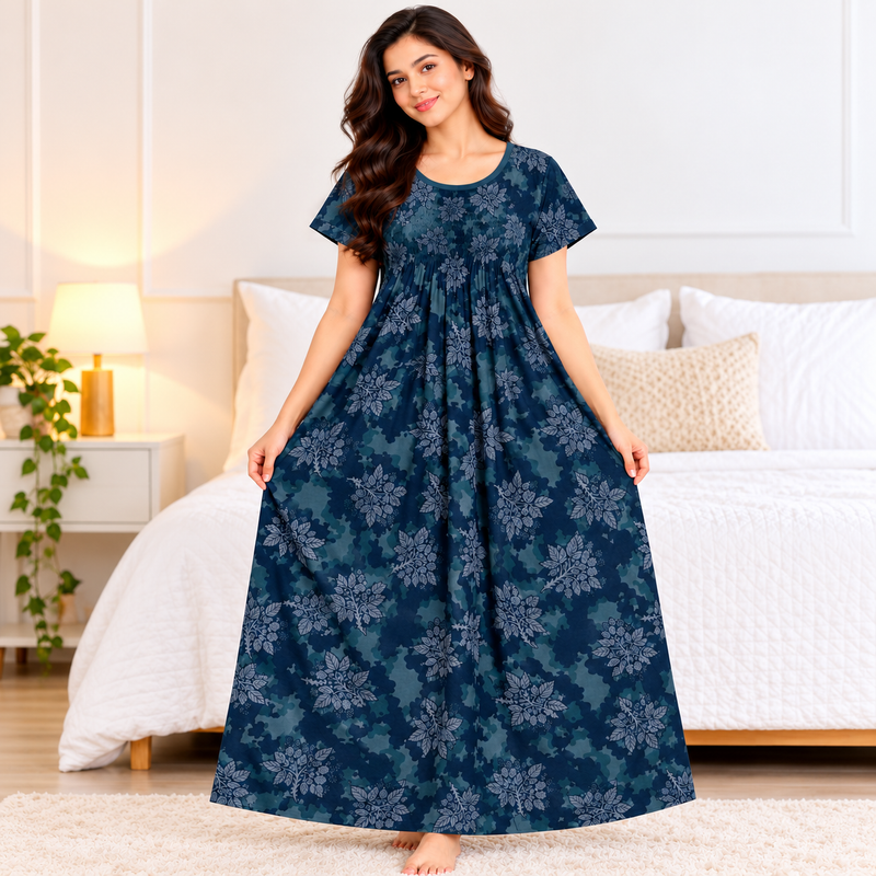 Women’s Navy Blue Floral Printed Stretchable Nighty with One Side Pocket