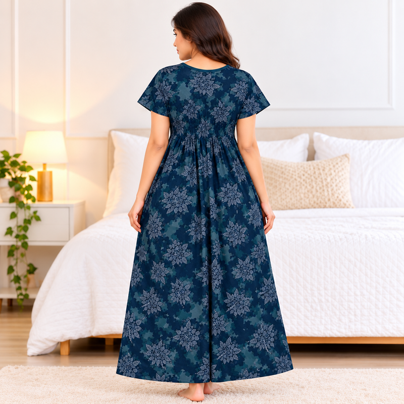 Women’s Navy Blue Floral Printed Stretchable Nighty with One Side Pocket