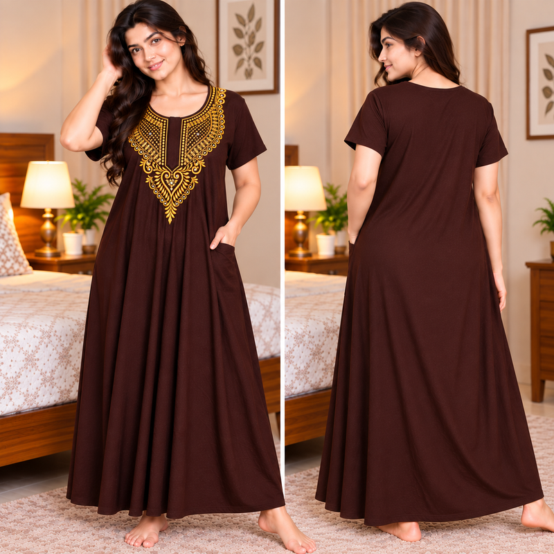 Women’s Chocolate Brown Nighty with Gold Embroidered Neckline