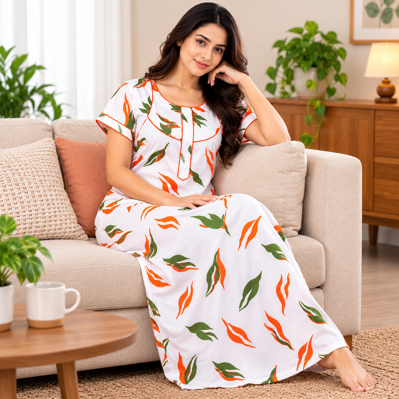 yoga-cotton-nighty-orange-green-leaf-print-sofa