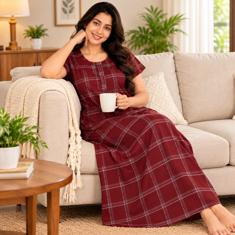 Veni’s Women’s Maroon Checked Cotton Nighty with Front Open Zip
