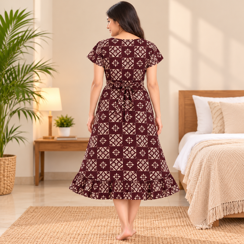 Luxmi Maroon Printed Cotton Mid Length Frock Nighty for Women