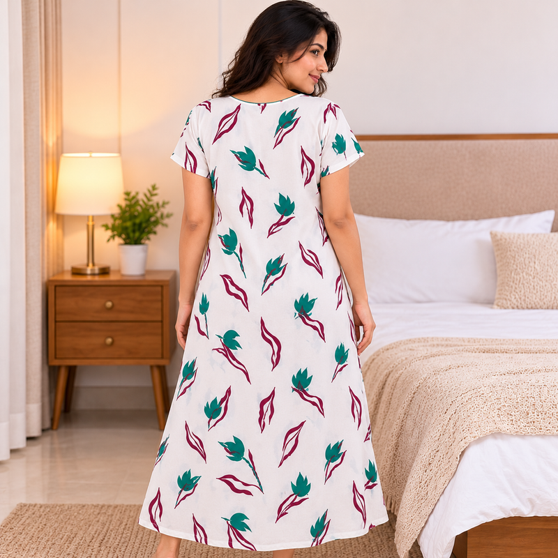 Yoga women's cotton printed nighty, comfortable and breathable cotton nightwear for women with an attractive printed design.