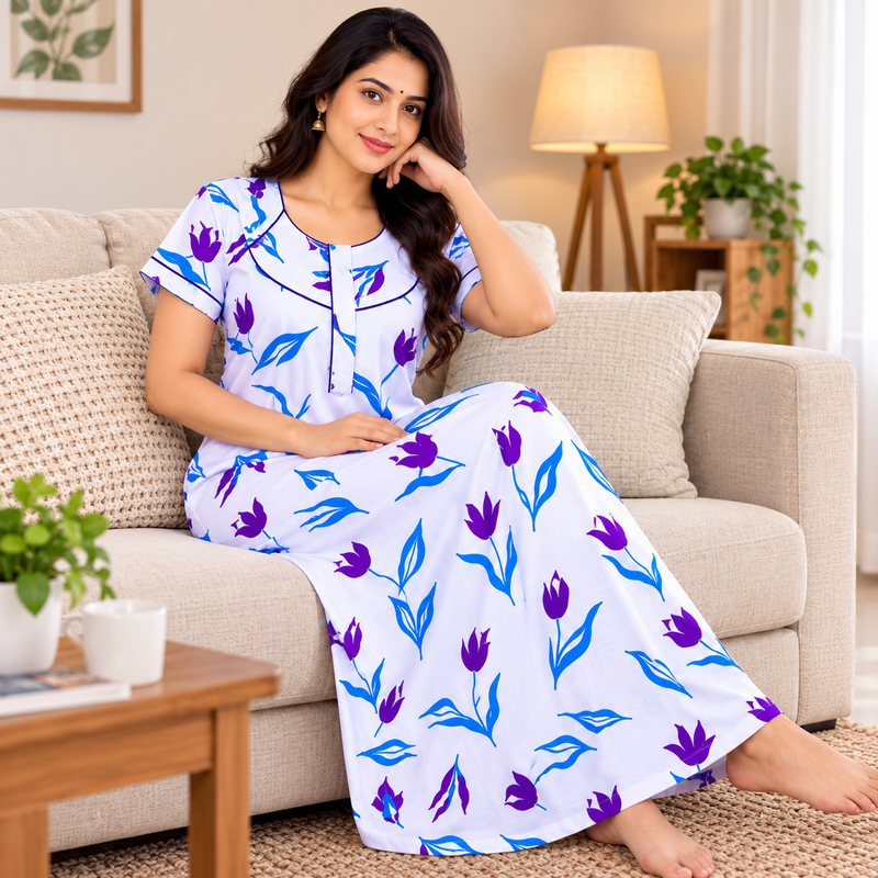 Yoga Women's Cotton Printed Nighty with Front Zip – Purple & Blue Floral Design-sitting