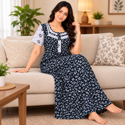 Beauty women's black cotton nighty with white leafy botanical print, contrast sleeves, front zip and one side pocket