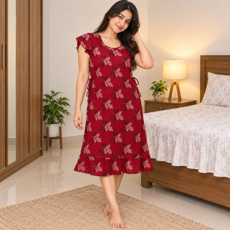 Luxmi Floral Printed Frock Nighty with Side Adjustable Ties – Maroon Red
