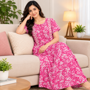 Pink Floral Printed Cotton Nighty-sitting on sofa