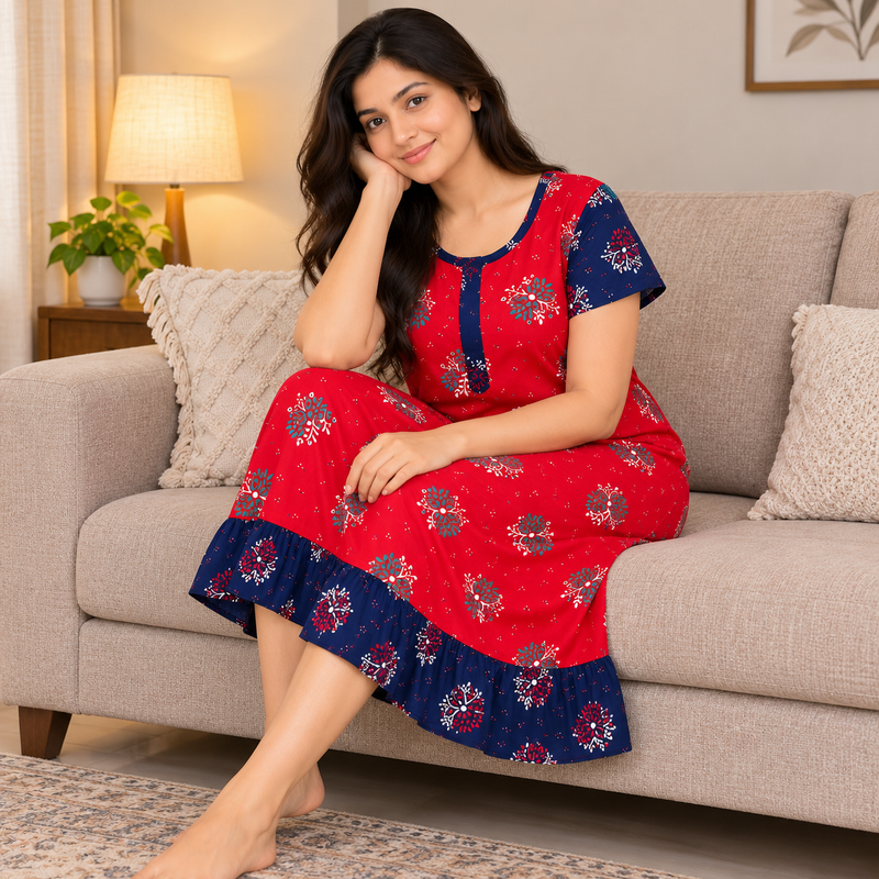 Veni’s Red Floral Cotton Frock Nighty for Women at Sofa
