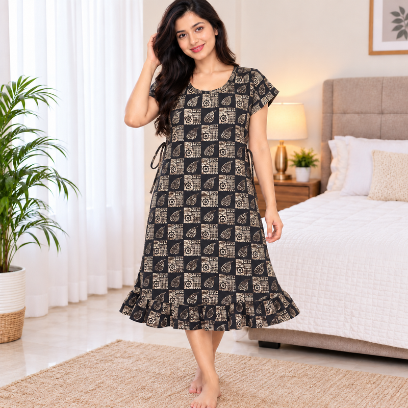 Luxmi Black & Beige Printed Cotton Frock Nighty for Women