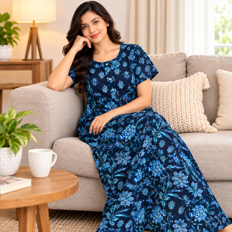 Pranjul 1820 Navy Blue Floral Printed Cotton Nighty for Women
