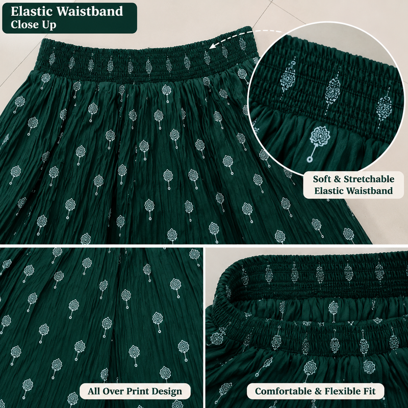 Women's Dark Green Printed Elephant Palazzo Pants with Elastic Waist-close up