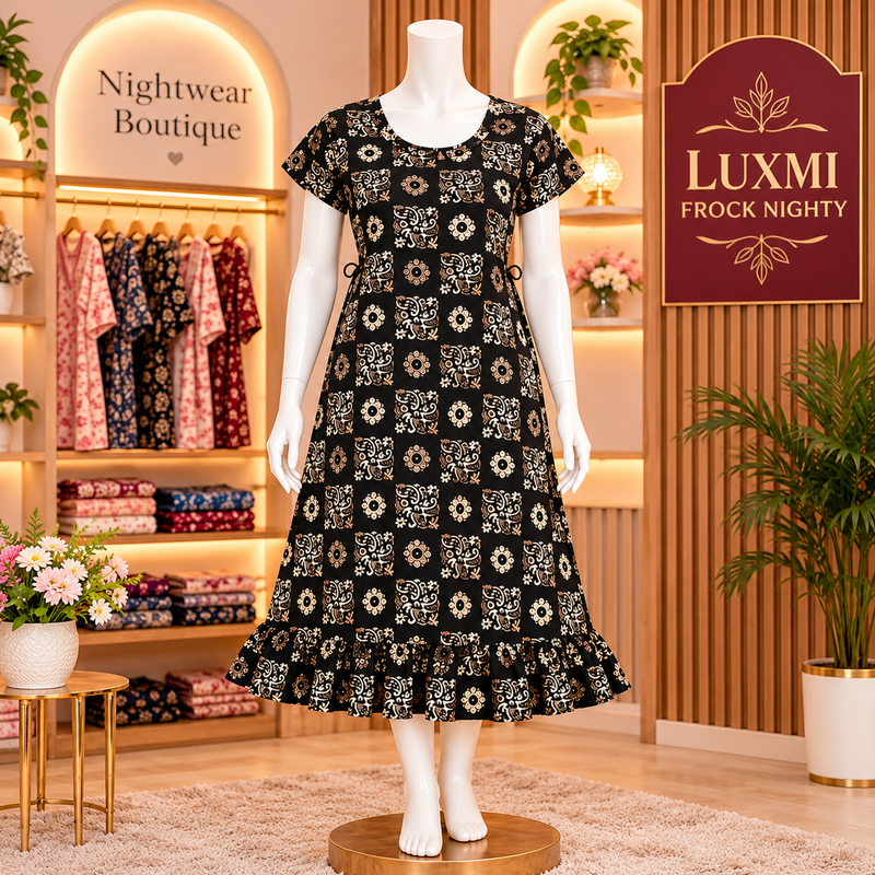 Luxmi Black Floral Printed Cotton Frock Nighty for Women