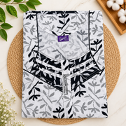 Beauty white cotton nighty with black leafy botanical print, contrast sleeves, front zip and one side pocket