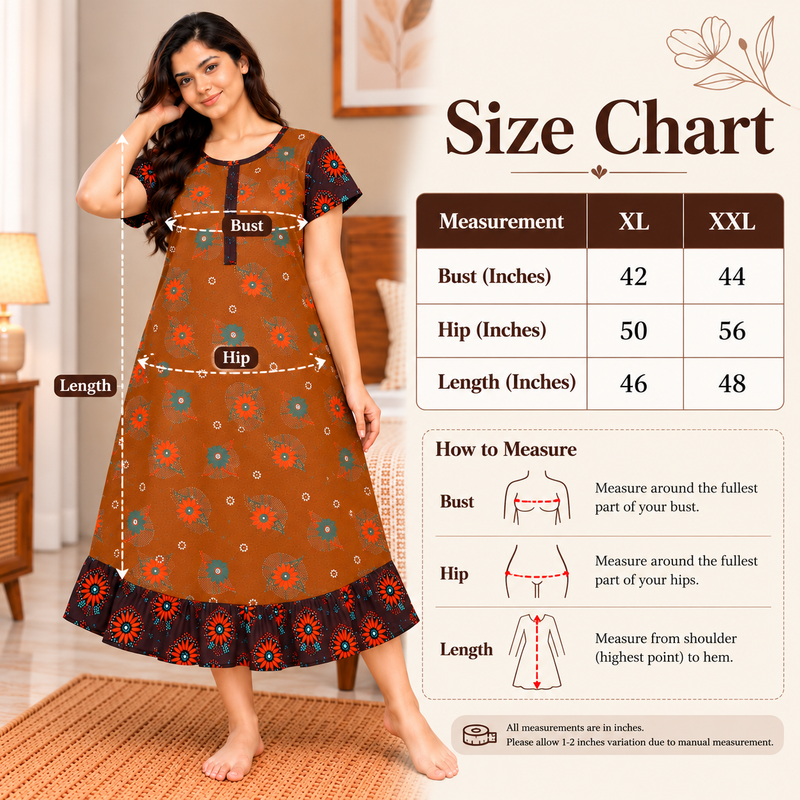 Veni’s Women's Cotton Floral Frock Nighty – Rust Brown