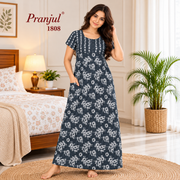 Pranjul 1808 charcoal blue floral printed cotton nighty front view
