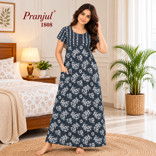Pranjul 1808 charcoal blue floral printed cotton nighty front view