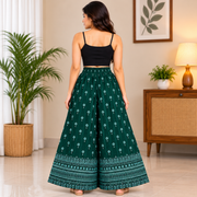 Women's Dark Green Printed Elephant Palazzo Pants with Elastic Waist-back view