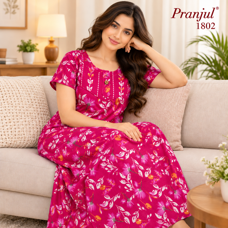 Pranjul 1802 Magenta Floral Printed Women's Nighty