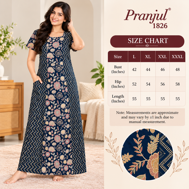 Pranjul 1826 Navy Blue Floral Printed Cotton Nighty for Women – Full Length Nightgown