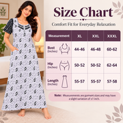 Beauty white cotton nighty with black leafy botanical print, contrast sleeves, front zip and one side pocket