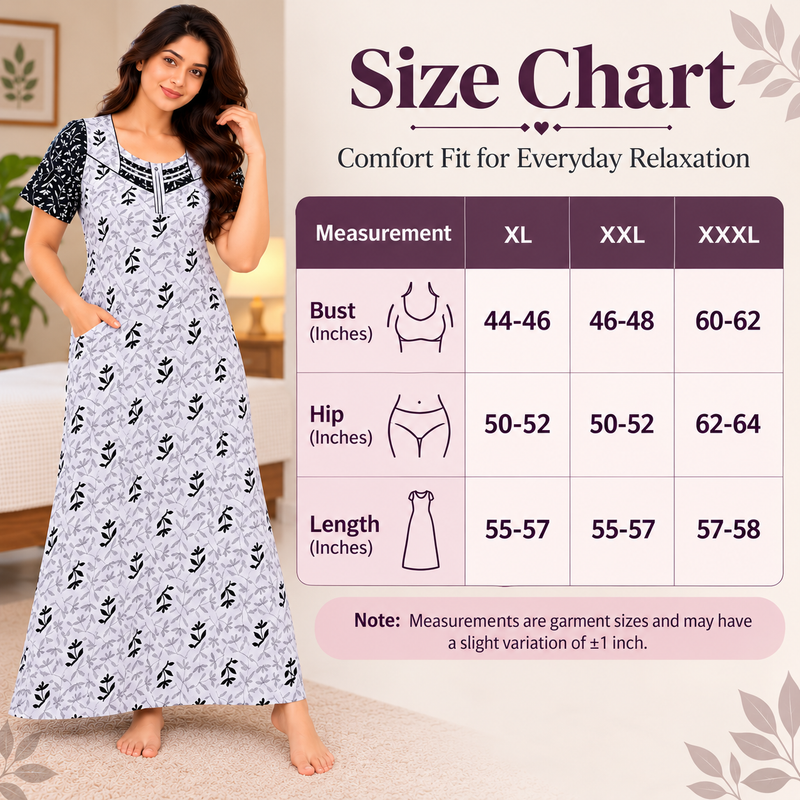 Beauty white cotton nighty with black leafy botanical print, contrast sleeves, front zip and one side pocket