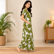 Mathan olive green and white floral printed cotton nighty for women with front zip and one side pocket