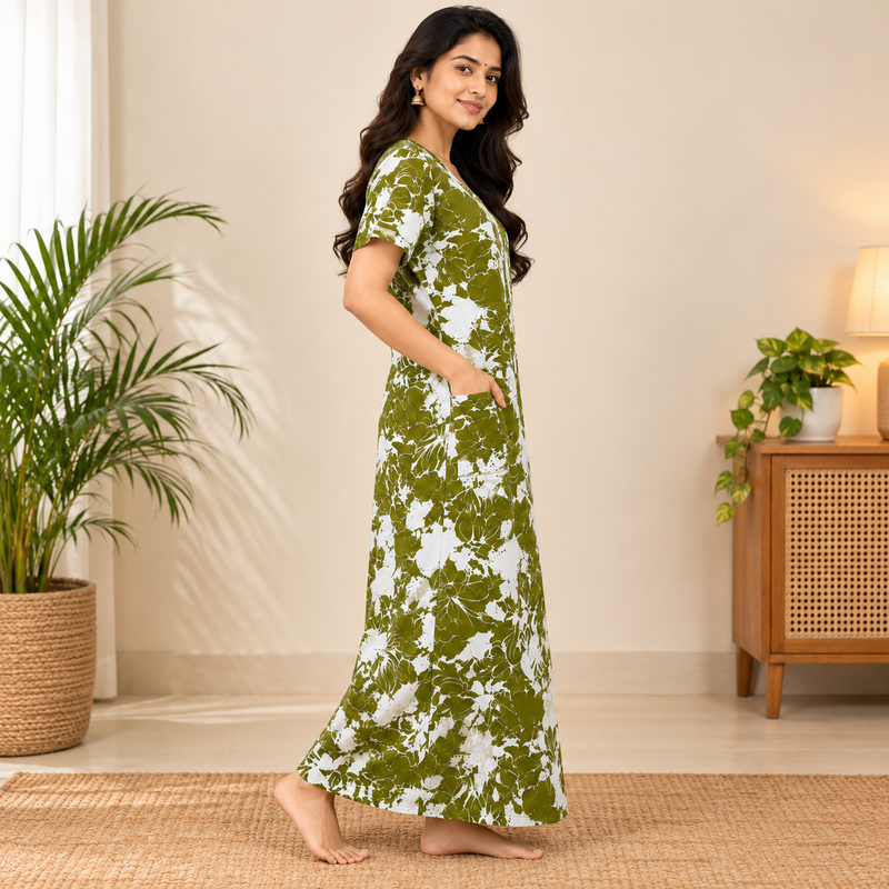 Mathan olive green and white floral printed cotton nighty for women with front zip and one side pocket