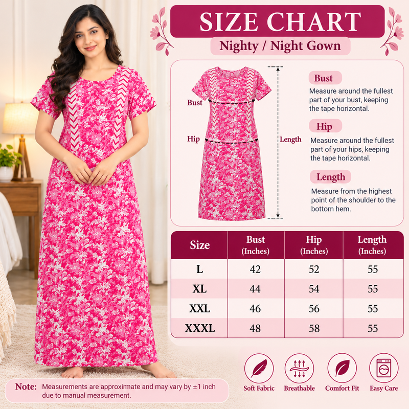 Pink Floral Printed Cotton Nighty-Size Chat