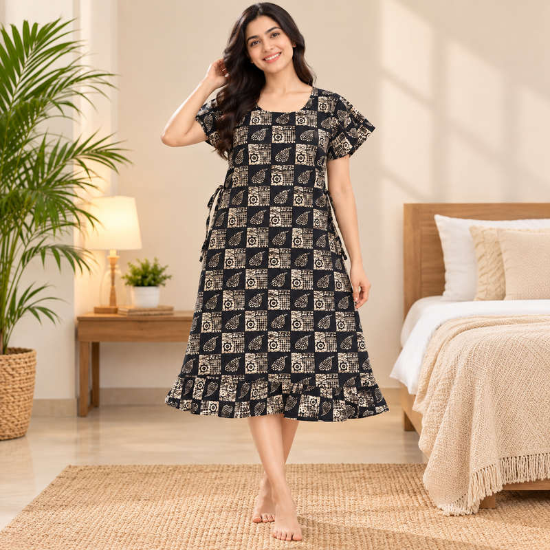 Luxmi Black & Beige Printed Cotton Frock Nighty for Women