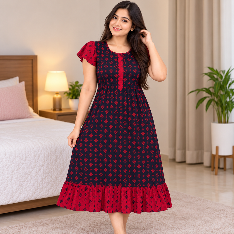 Luxmi Red & Navy Floral Printed Frock Nighty with Adjustable Back Rope