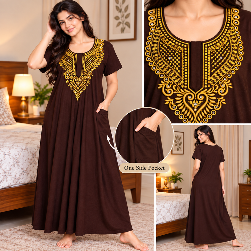 Women’s Chocolate Brown Nighty with Gold Embroidered Neckline