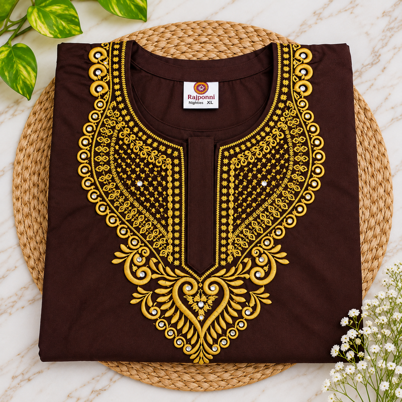 Women’s Chocolate Brown Nighty with Gold Embroidered Neckline