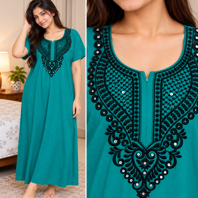 Women’s Teal Cotton Nighty with Embroidered Neckline & Sequin Work