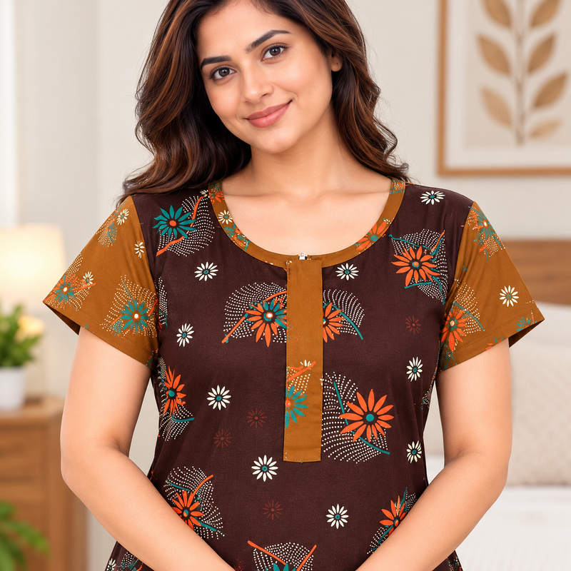 Close-up of brown cotton nighty fabric with orange, teal and white floral print