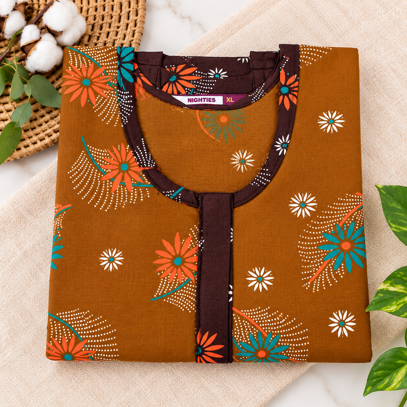 Veni’s Women's Cotton Floral Frock Nighty – Rust Brown
