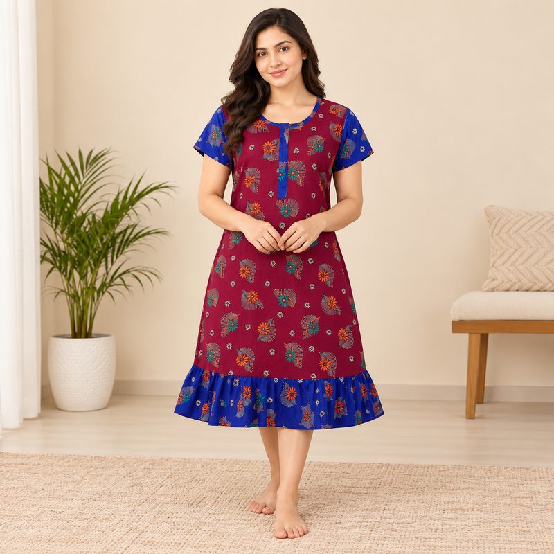Women's maroon floral cotton frock nighty with royal-blue sleeves