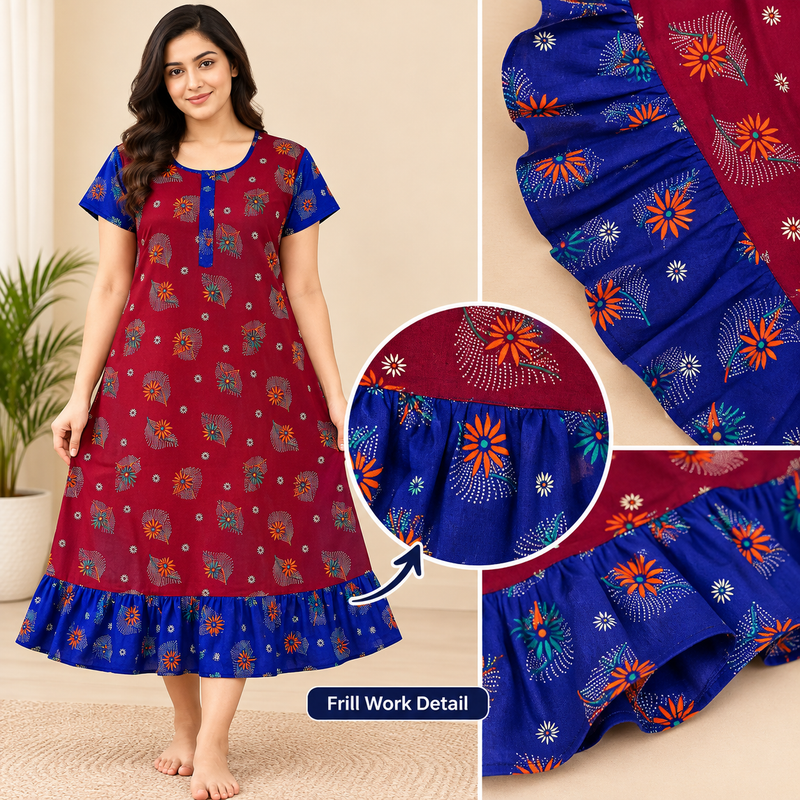 Women's maroon floral cotton frock nighty with royal-blue sleeves