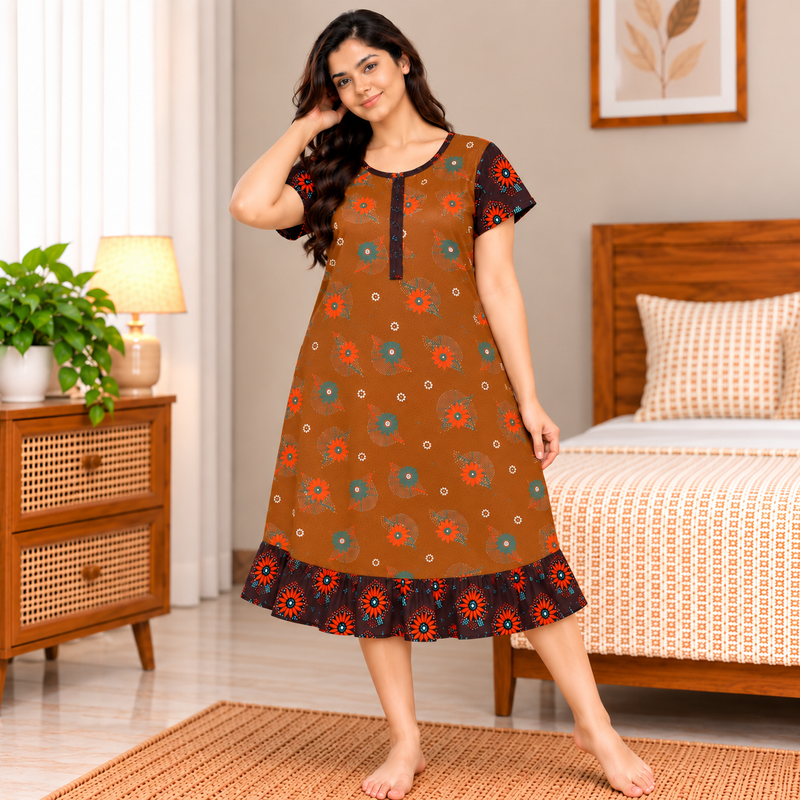 Veni’s Women's Cotton Floral Frock Nighty – Rust Brown