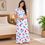 Yoga women's cotton printed nighty in red and blue, featuring a floral pattern and comfortable nightwear design.