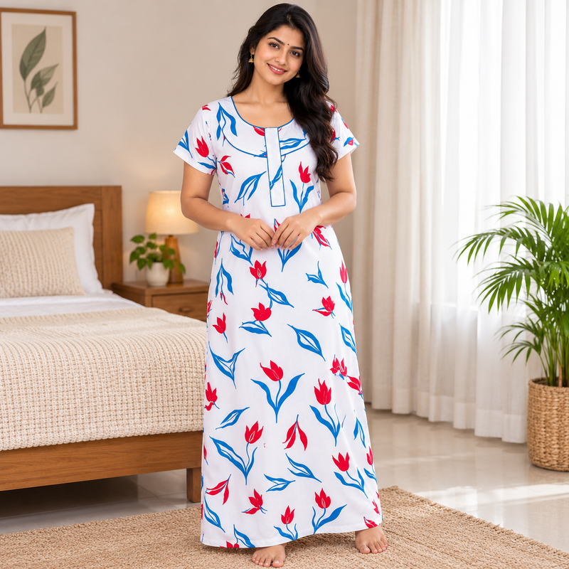 Yoga women's cotton printed nighty in red and blue, featuring a floral pattern and comfortable nightwear design.