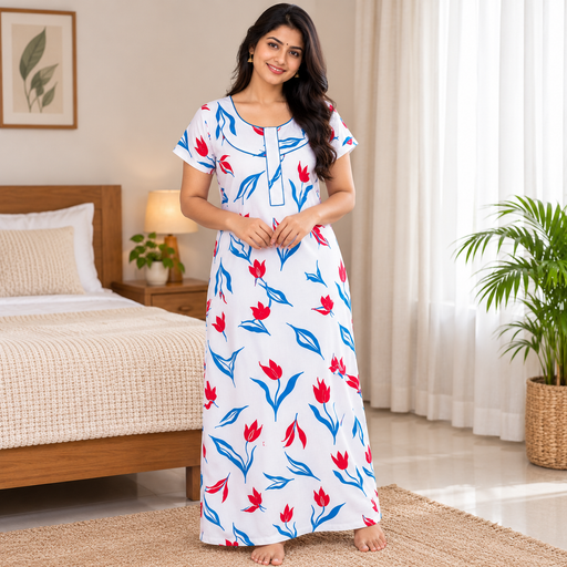 Yoga women's cotton printed nighty in red and blue, featuring a floral pattern and comfortable nightwear design.