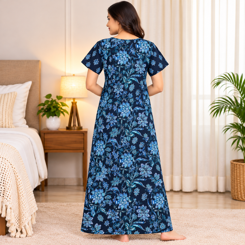 Pranjul 1820 Navy Blue Floral Printed Cotton Nighty for Women