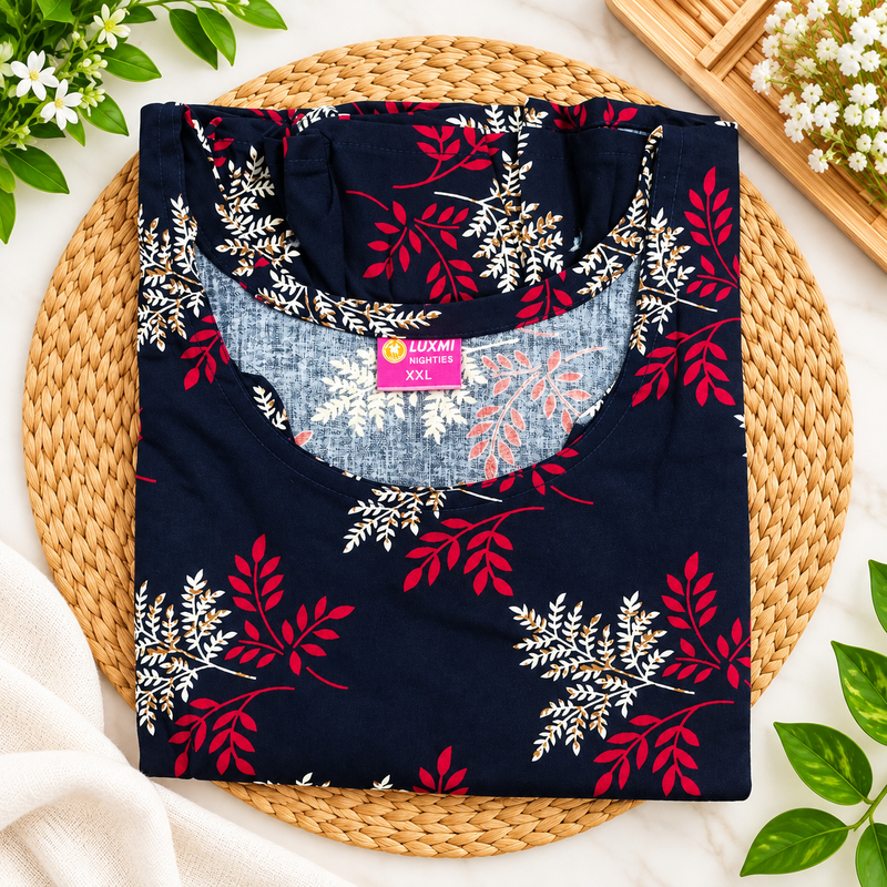 Luxmi Navy Blue Floral Printed Women’s Frock Nighty with Adjustable Side Tie & Bottom Frill