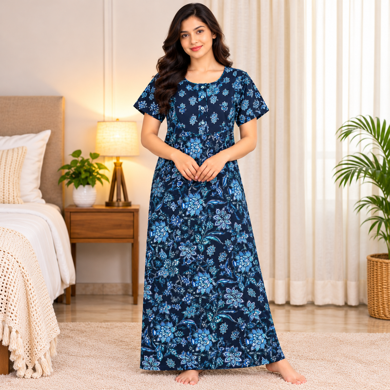 Pranjul 1820 Navy Blue Floral Printed Cotton Nighty for Women