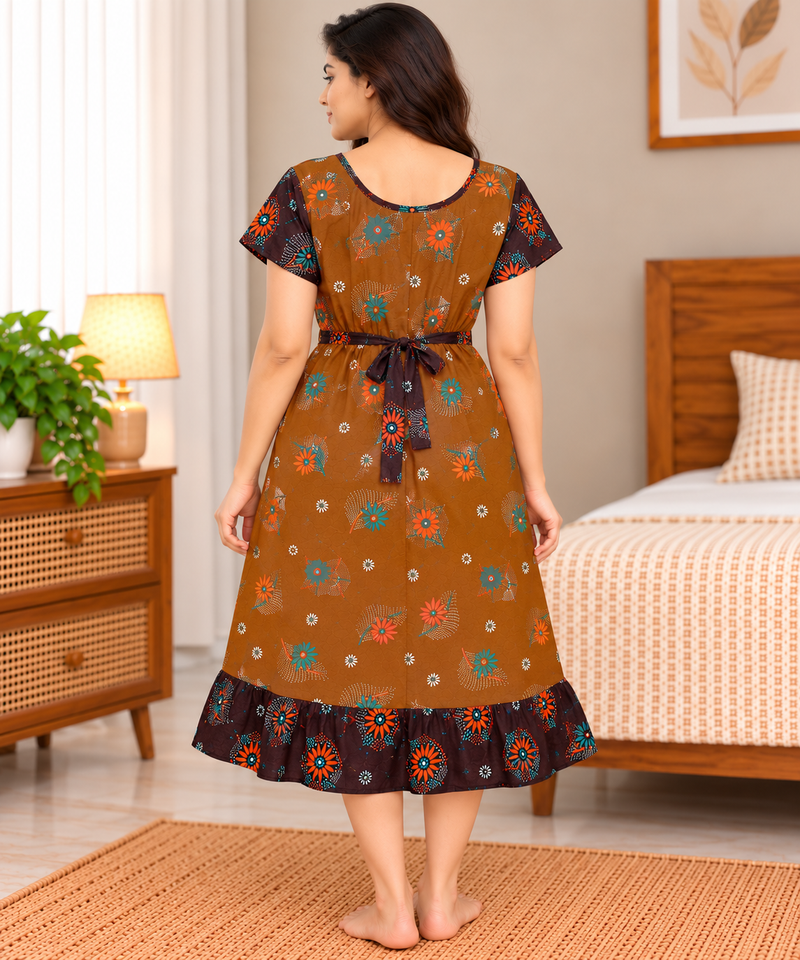 Veni’s Women's Cotton Floral Frock Nighty – Rust Brown