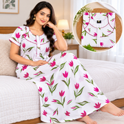 Yoga women's cotton floral printed nighty with front zip, white fabric with orange and green leaf patterns and contrast orange neckline.